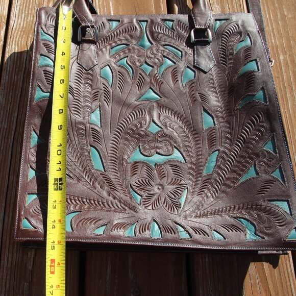 JL Saldivar Cutout Tooled Leather Large Purse Tote Bag, Dark Brown & Turquoise - Picture 4 of 16